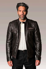 Black leather jacket with quilted shoulders and biker collar - Image n°5