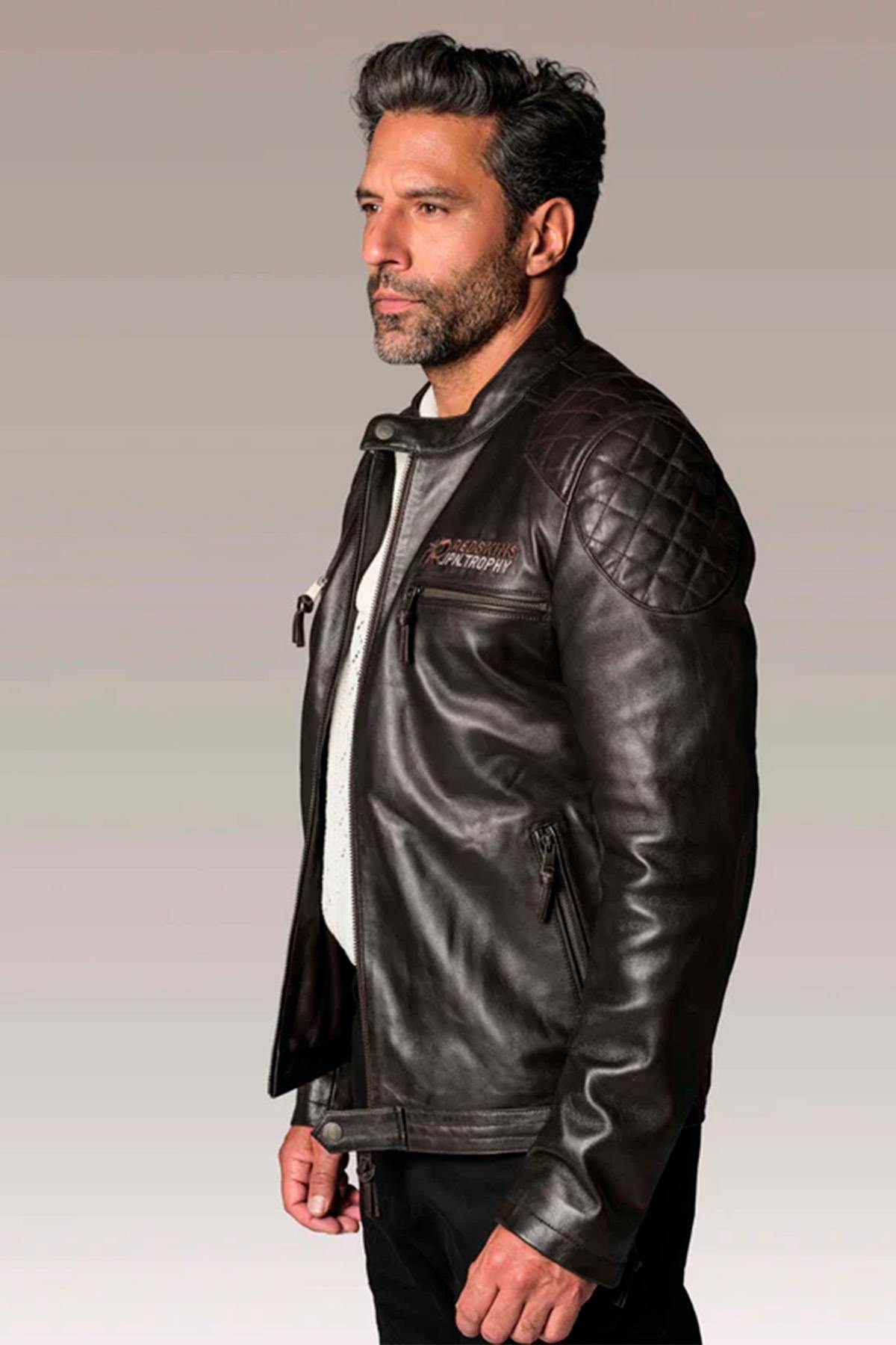 Black leather jacket with quilted shoulders and biker collar - Image n°6
