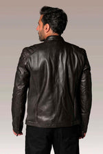 Black leather jacket with quilted shoulders and biker collar - Image n°4