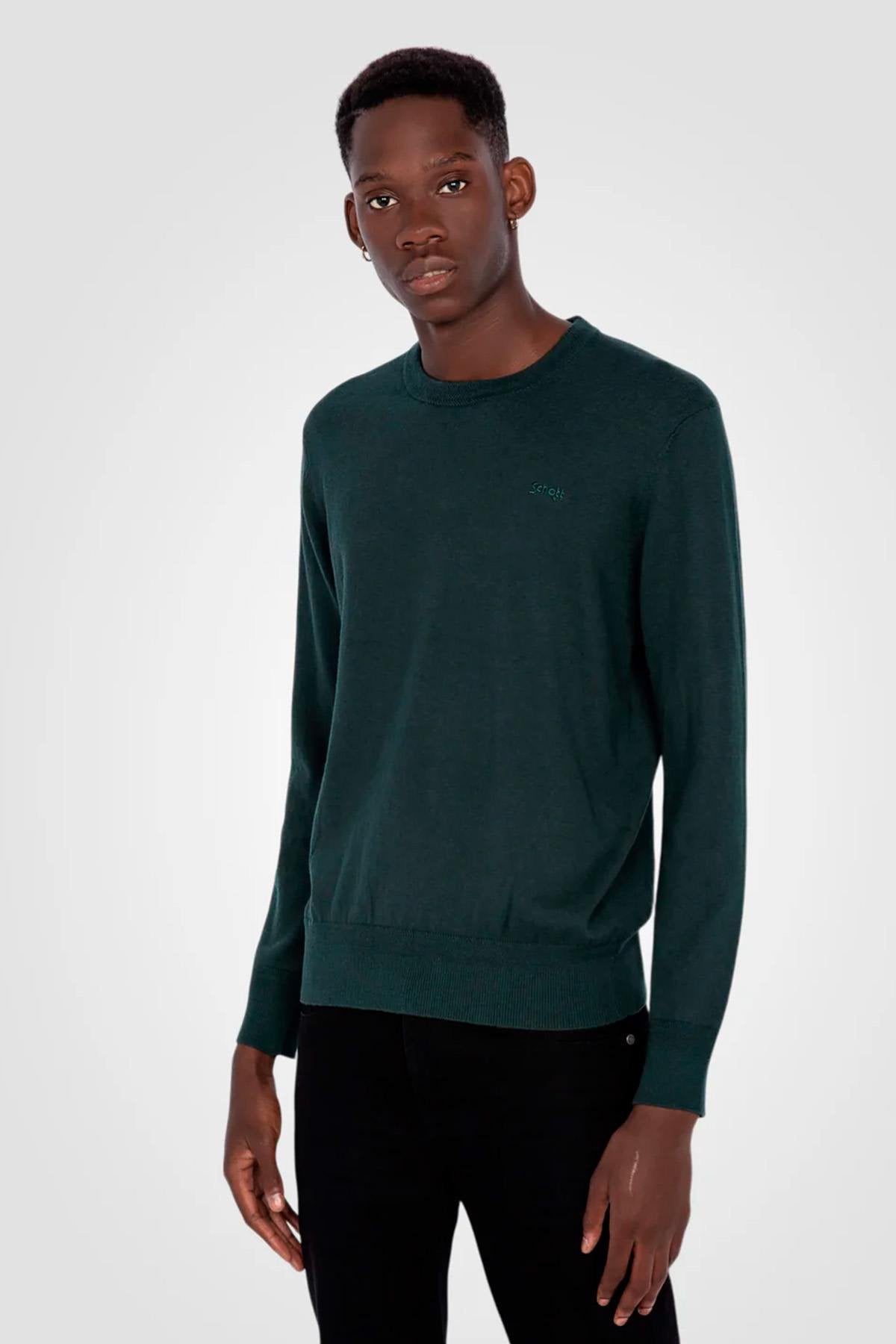 Dark green round neck sweater in fine knit - Image n°3