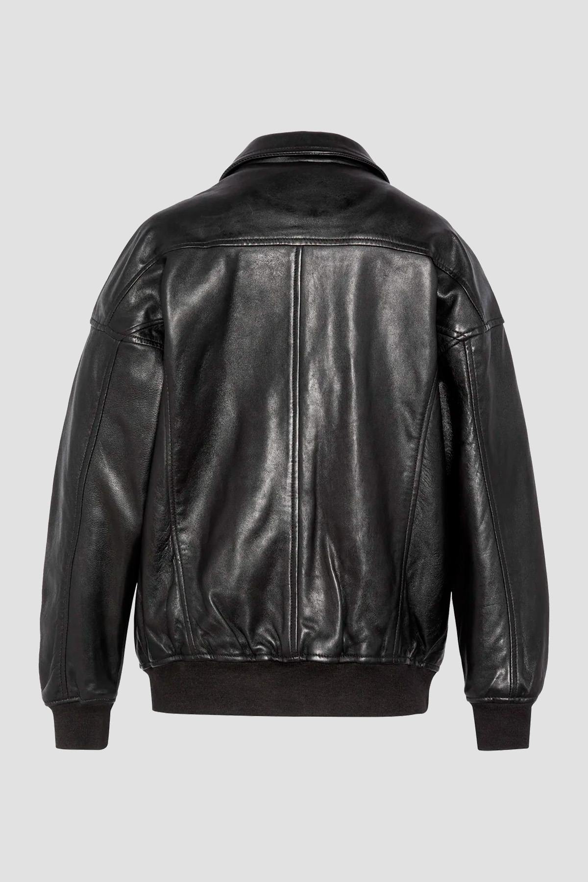 Black leather boyfriend bomber jacket - Image n°2