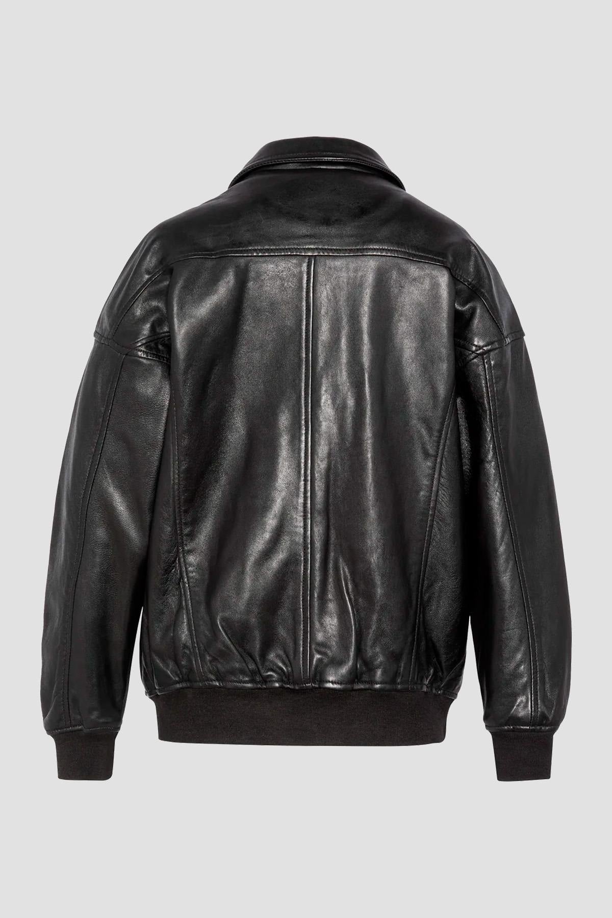 Black leather boyfriend bomber jacket - Image n°2