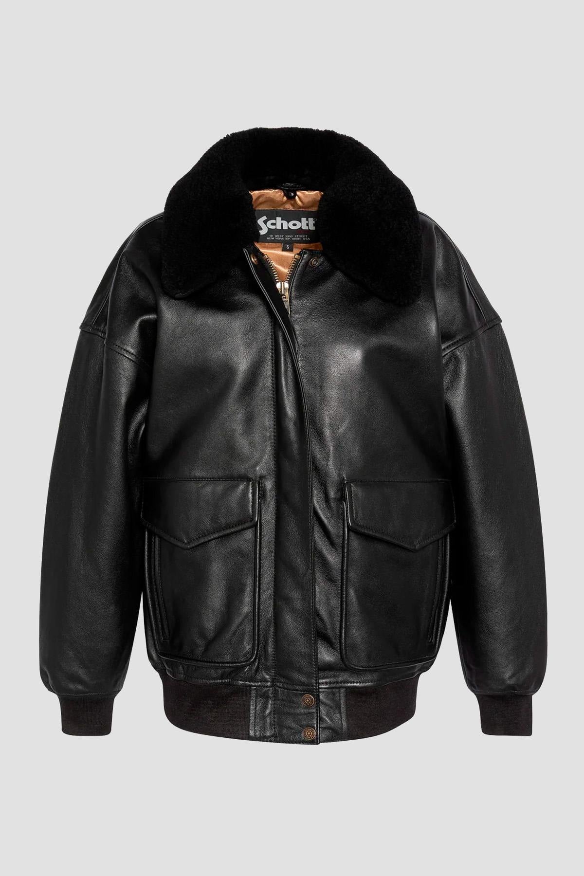 Black leather bomber jacket with fur collar, boyfriend fit - Image n°1