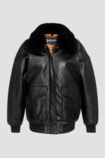 Black leather bomber jacket with fur collar, boyfriend fit - Image n°1