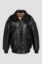 Black leather bomber jacket with fur collar, boyfriend fit - Image n°3