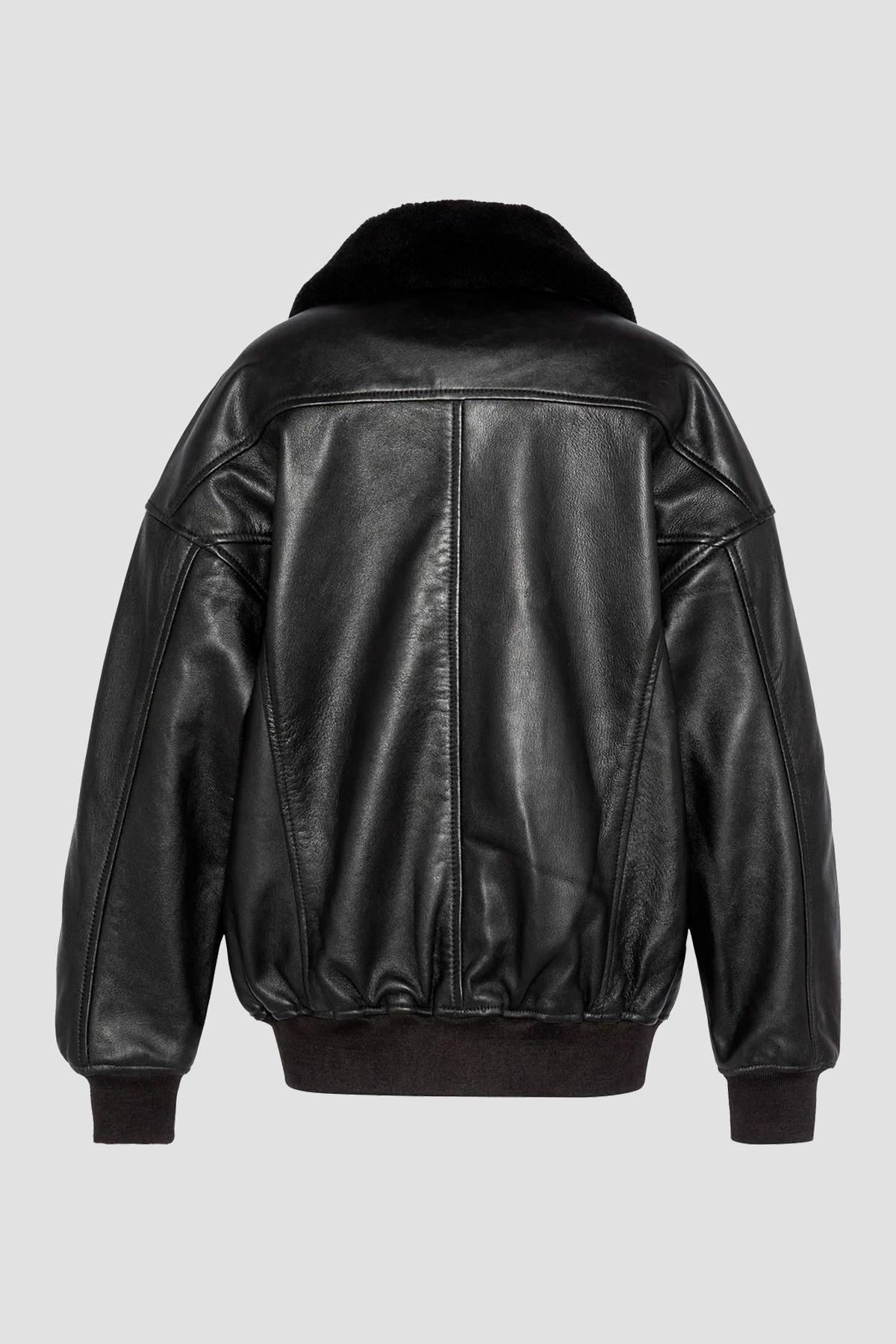 Black leather bomber jacket with fur collar, boyfriend fit - Image n°2