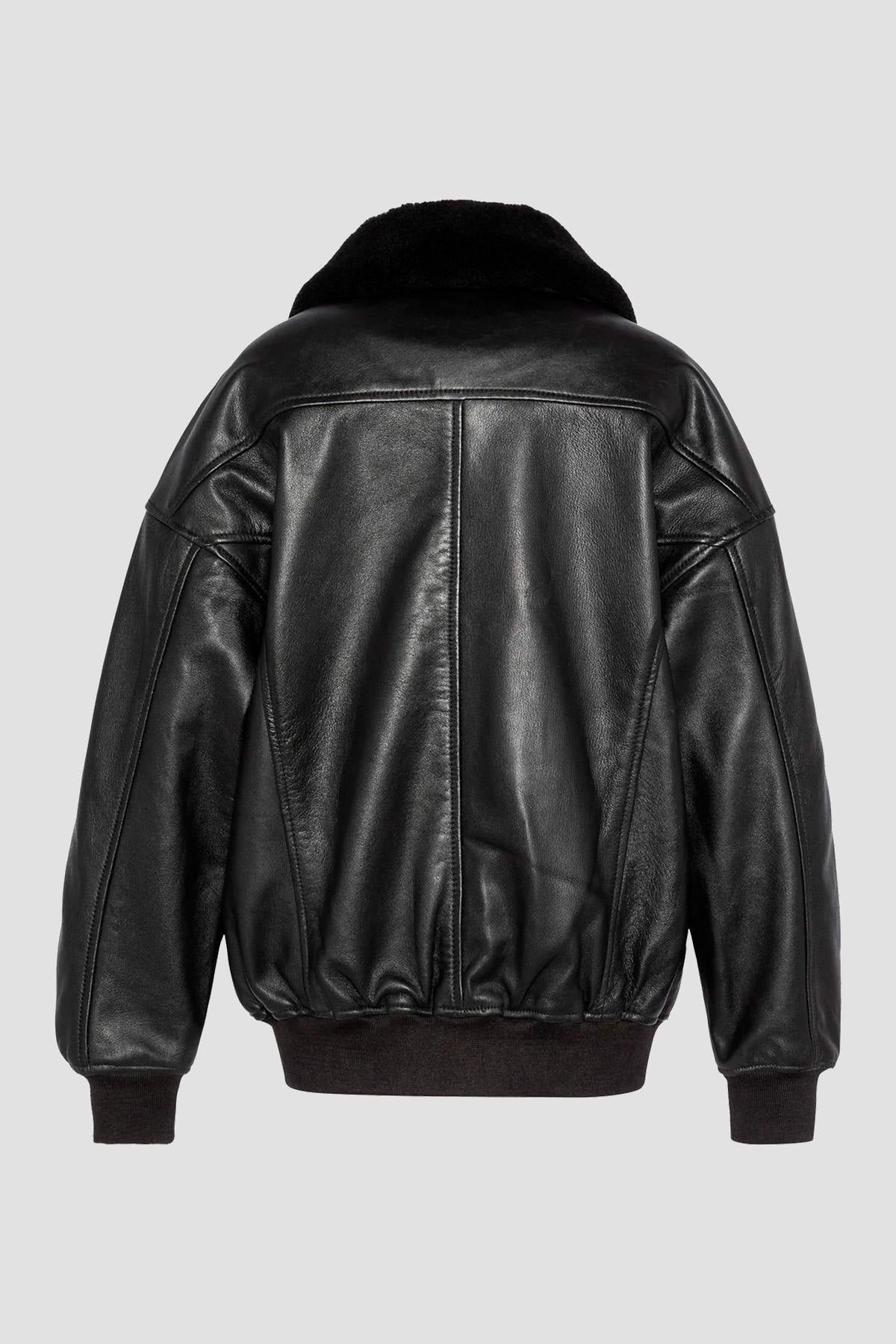 Black leather bomber jacket with fur collar, boyfriend fit - Image n°2