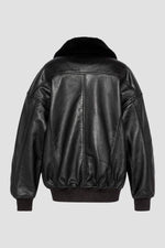 Black leather bomber jacket with fur collar, boyfriend fit - Image n°2