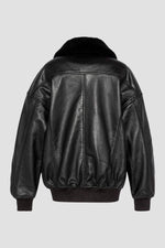 Black leather bomber jacket with fur collar, boyfriend fit - Image n°2
