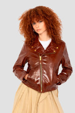 Perfecto in brown patent leather with a crinkled effect - Image n°1