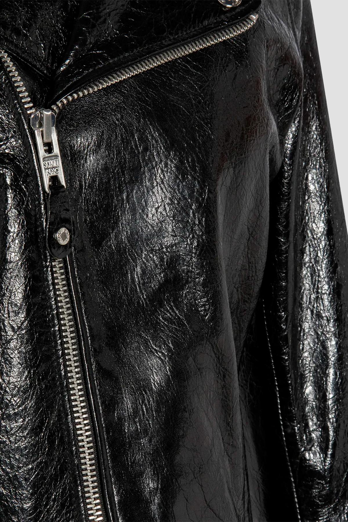Glossy black lambskin Perfecto by Schott-cracked-effect, asymmetrical. - Image n°3