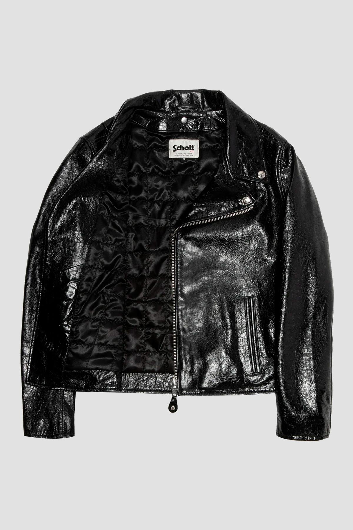 Glossy black lambskin Perfecto by Schott-cracked-effect, asymmetrical. - Image n°4