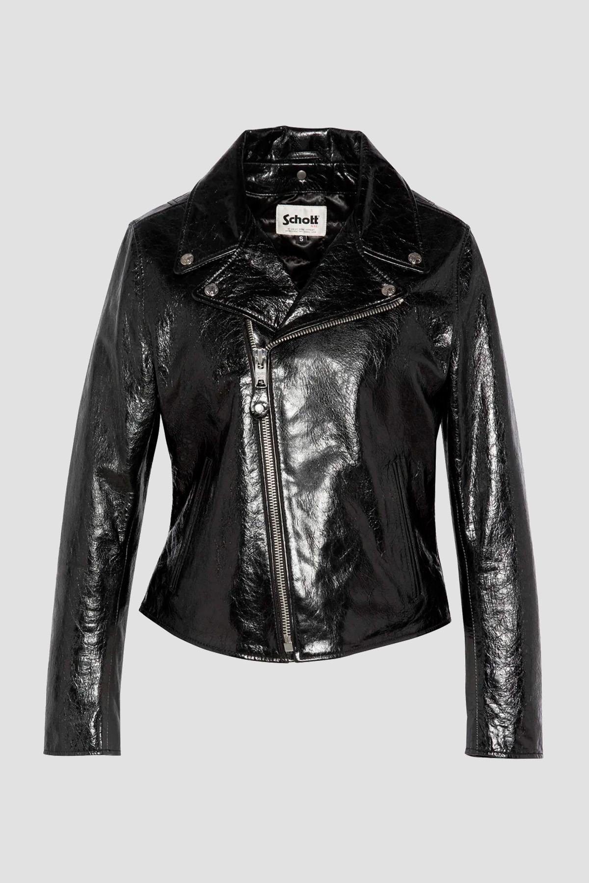 Glossy black lambskin Perfecto by Schott-cracked-effect, asymmetrical. - Image n°1