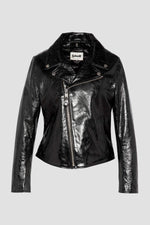 Glossy black lambskin Perfecto by Schott-cracked-effect, asymmetrical. - Image n°1
