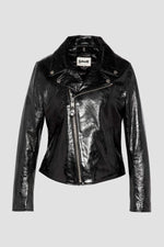 Glossy black lambskin Perfecto by Schott-cracked-effect, asymmetrical. - Image n°1