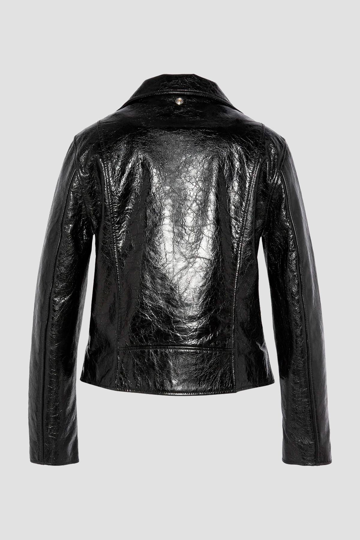 Glossy black lambskin Perfecto by Schott-cracked-effect, asymmetrical. - Image n°2