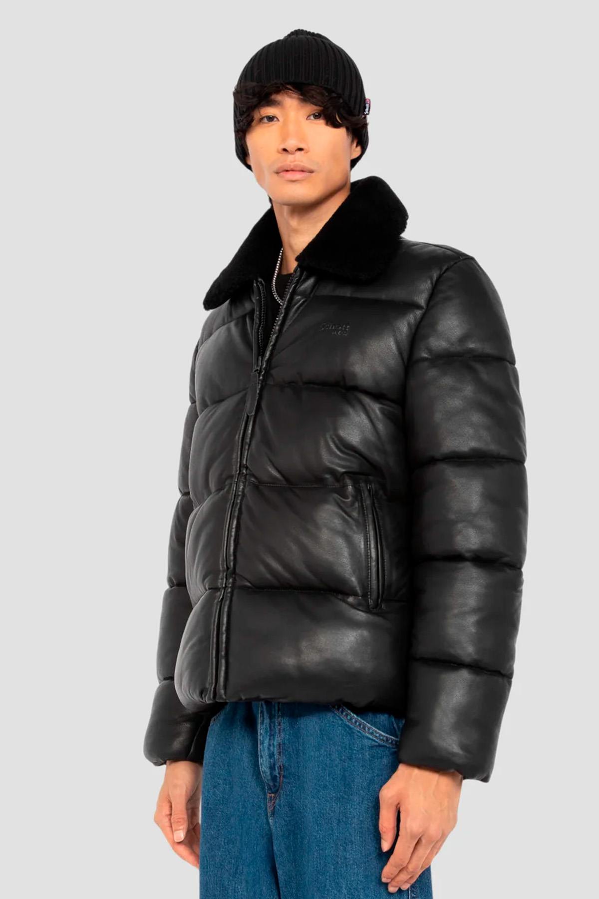 Black leather down jacket with sheepskin aviator collar - Image n°3