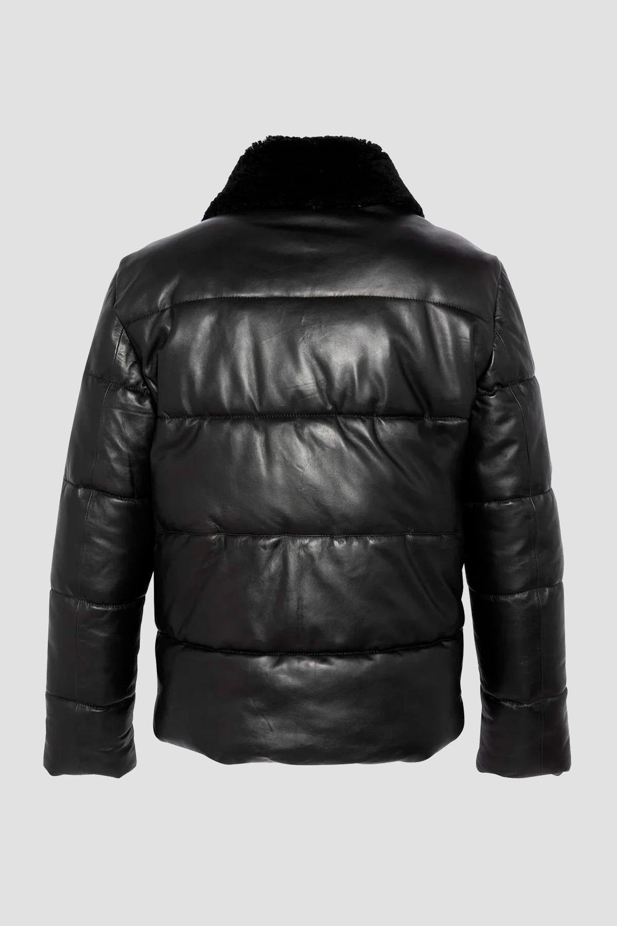 Black leather down jacket with sheepskin aviator collar - Image n°6