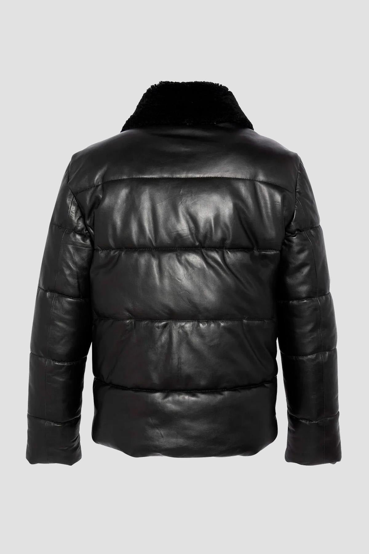 Black leather down jacket with sheepskin aviator collar - Image n°6