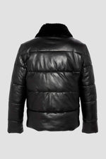 Black leather down jacket with sheepskin aviator collar - Image n°6