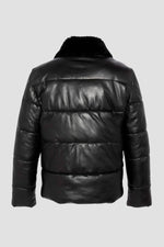 Black leather down jacket with sheepskin aviator collar - Image n°6