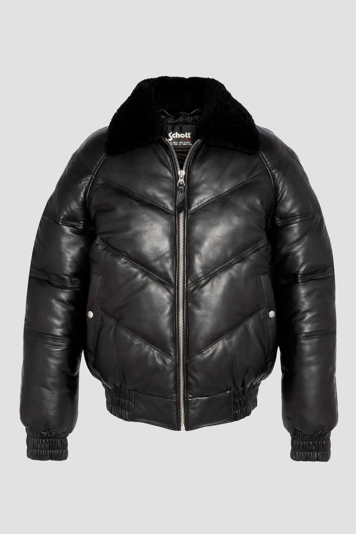 Retro streetwear black leather down jacket - Image n°1