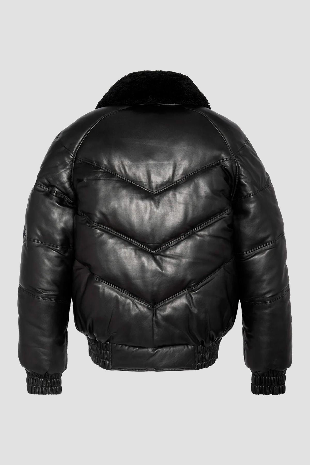 Retro streetwear black leather down jacket - Image n°2