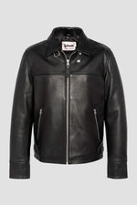 Black leather jacket with fur collar and drawstring strap - Image n°6