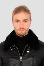 Black leather jacket with fur collar and drawstring strap - Image n°3