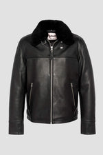 Black leather jacket with fur collar and drawstring strap - Image n°5