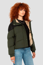Khaki and black hooded down jacket - Image n°8