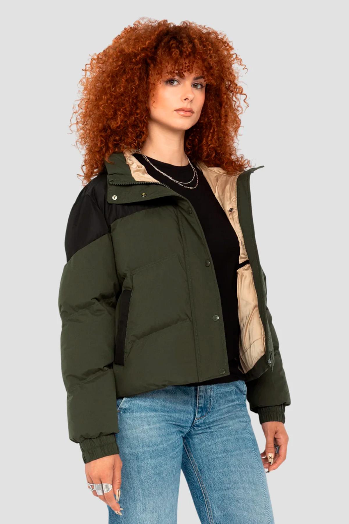 Khaki and black hooded down jacket - Image n°8