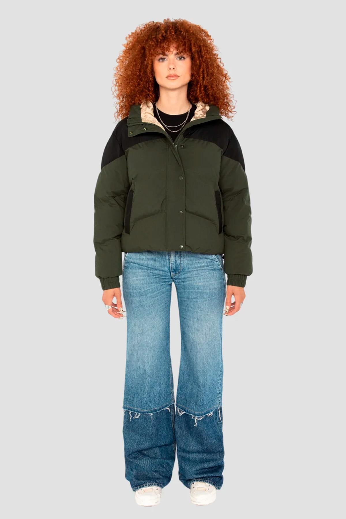 Khaki and black hooded down jacket - Image n°9