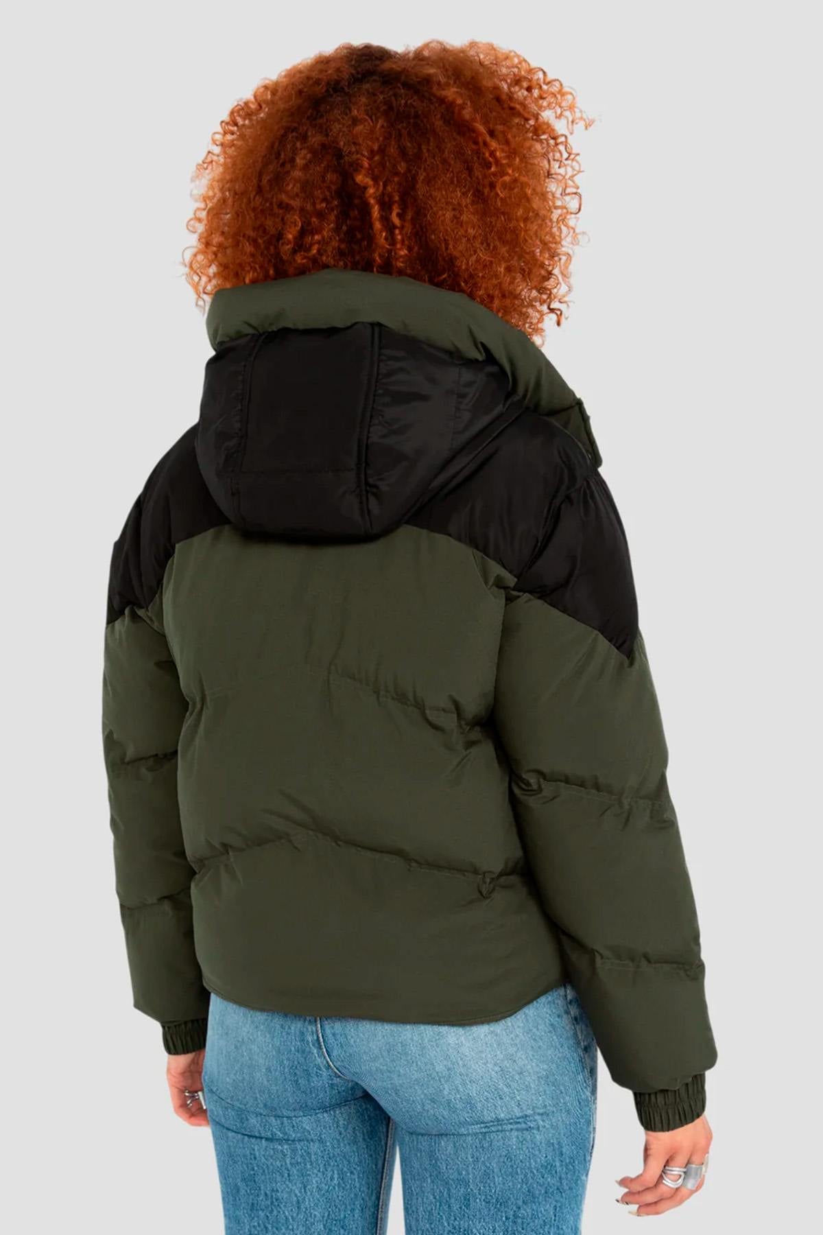 Khaki and black hooded down jacket - Image n°2