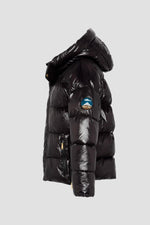 Black oversized hooded down jacket with sleeve patch - Image n°7