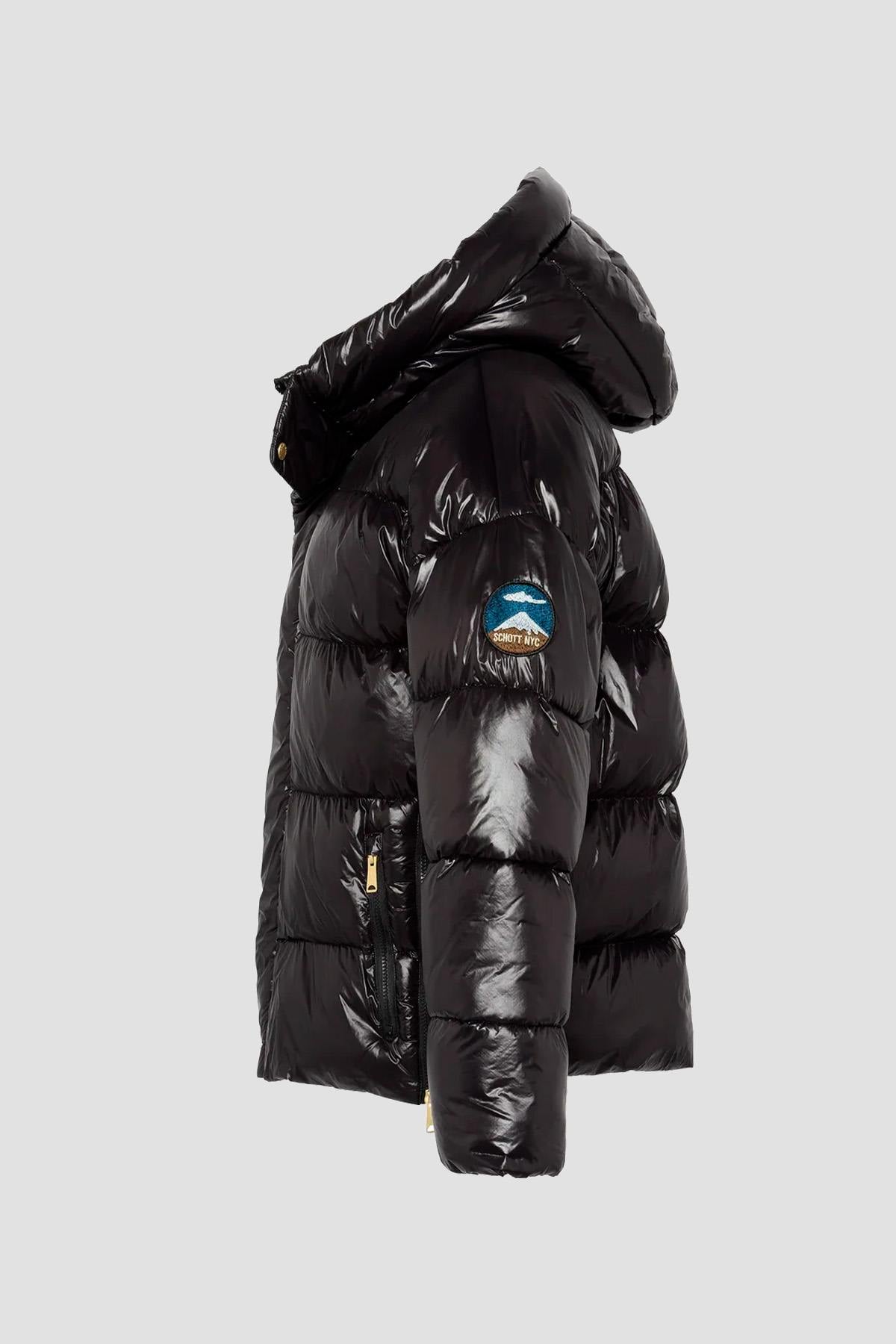 Black oversized hooded down jacket with sleeve patch - Image n°7
