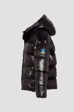 Black oversized hooded down jacket with sleeve patch - Image n°7