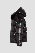 Black oversized hooded down jacket with sleeve patch - Image n°7