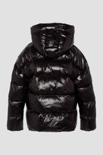 Black oversized hooded down jacket with sleeve patch - Image n°8