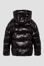 Black oversized hooded down jacket with sleeve patch - Image n°8