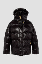 Black oversized hooded down jacket with sleeve patch - Image n°6