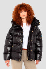 Black oversized hooded down jacket with sleeve patch - Image n°1