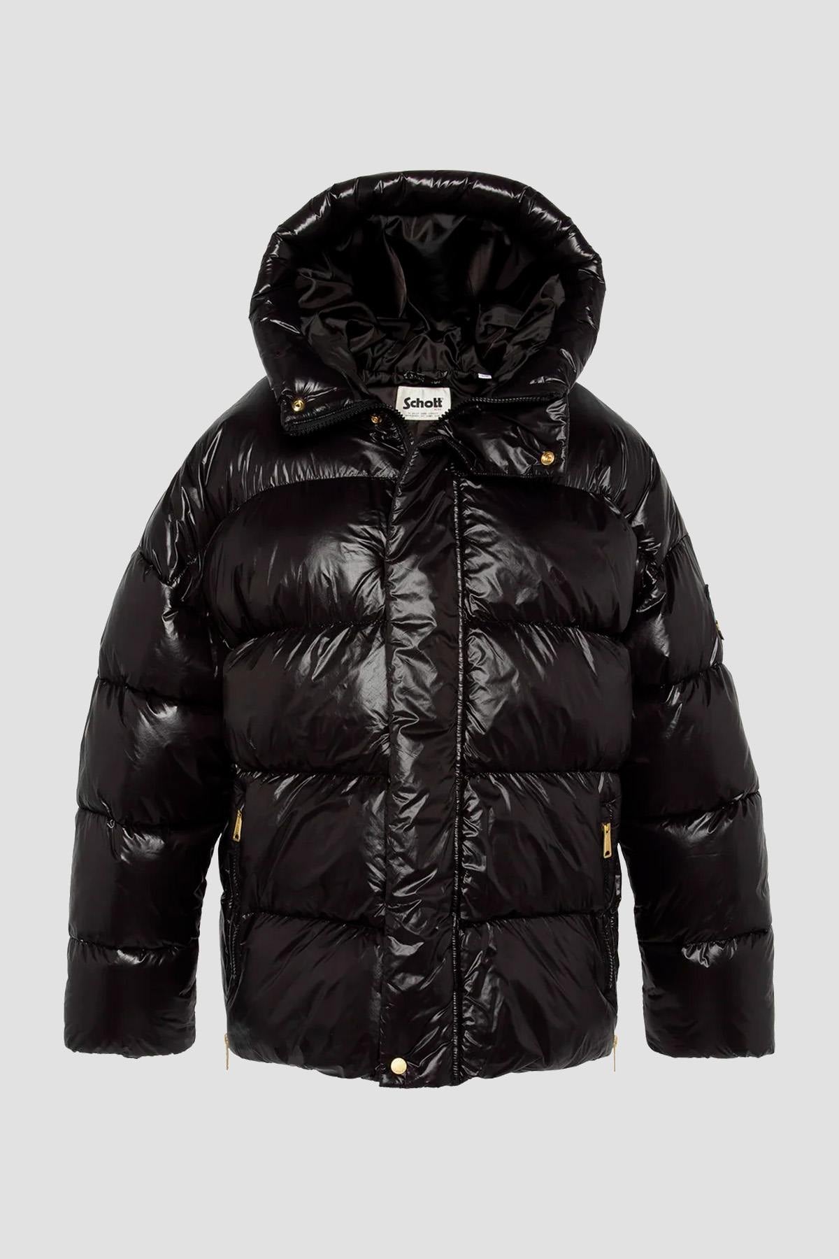 Black oversized hooded down jacket with sleeve patch - Image n°5