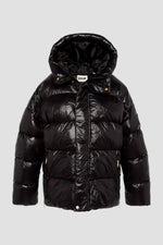 Black oversized hooded down jacket with sleeve patch - Image n°5