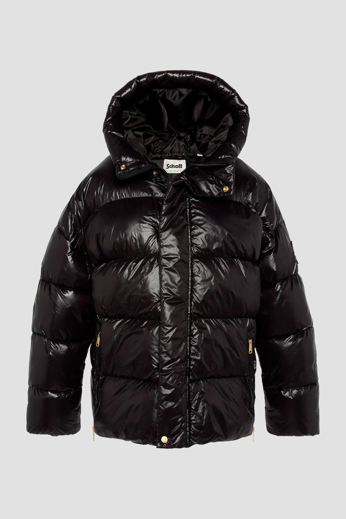 Black oversized hooded down jacket with sleeve patch - Image n°5