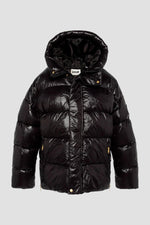 Black oversized hooded down jacket with sleeve patch - Image n°5