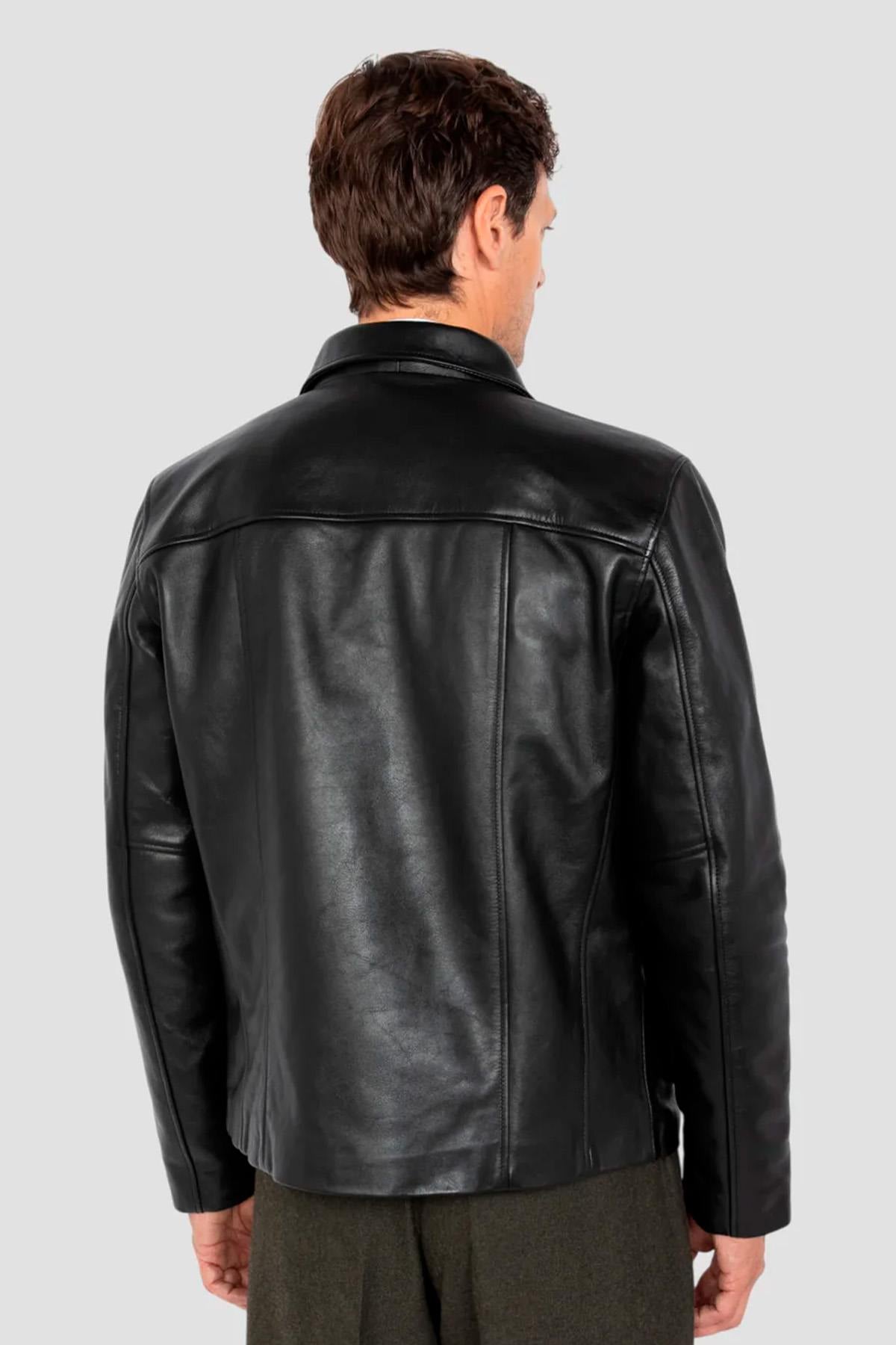 Black leather jacket with shirt collar and flap pockets - Image n°5