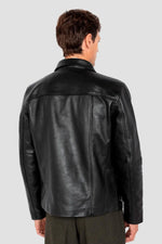 Black leather jacket with shirt collar and flap pockets - Image n°5