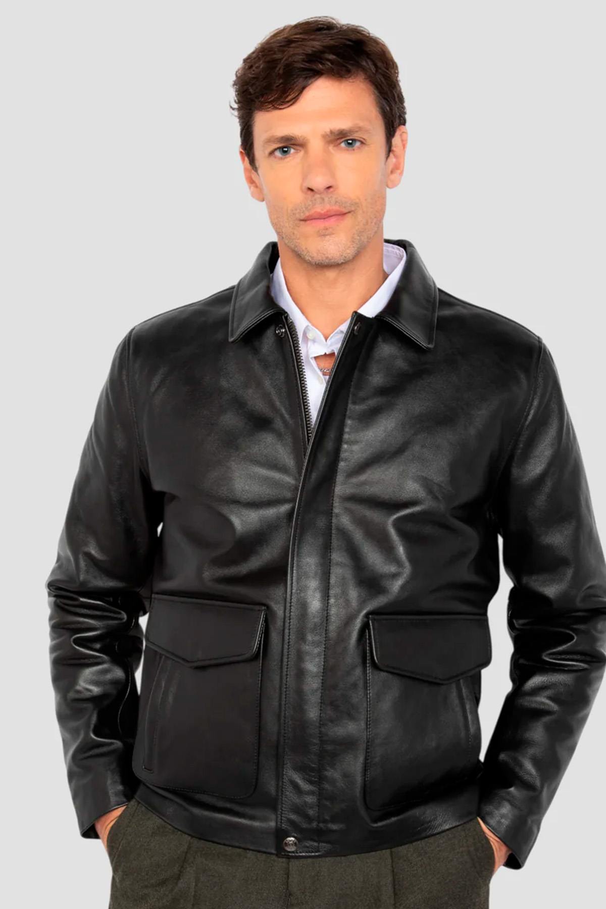 Black leather jacket with shirt collar and flap pockets - Image n°2