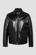Black leather jacket with shirt collar and flap pockets - Image n°7